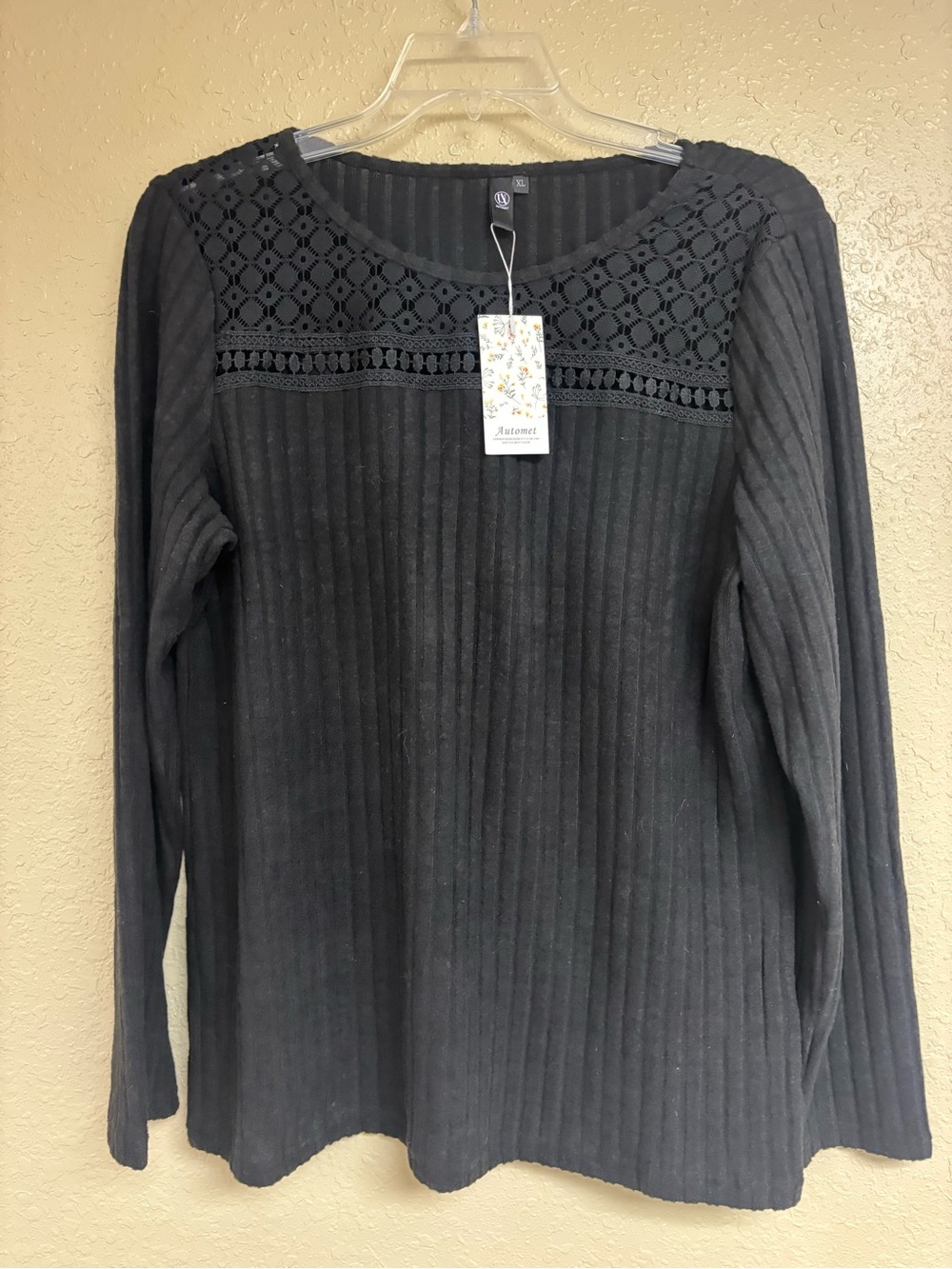 Black Ribbed Long-Sleeve Top with Crochet Yoke